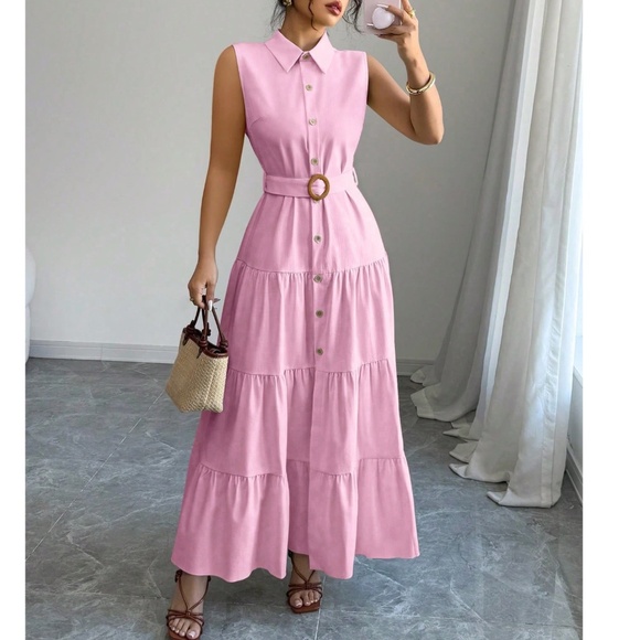 Solid Button Down Belted High Waisted Sleeveless Maxi Dress - Picture 1 of 8